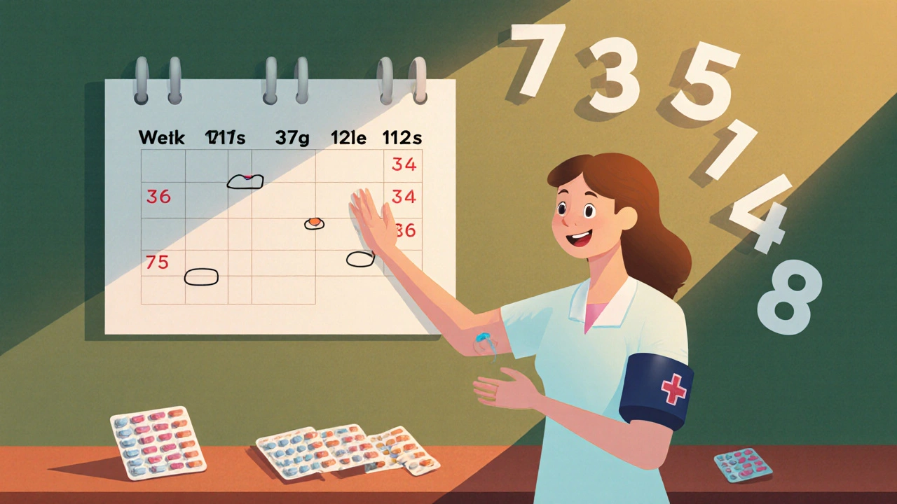 Calendar shows weekly dose increases while nurse checks blood pressure.