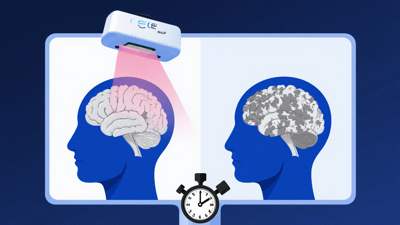 Cartoon brain split view showing reduced atrophy with Alzene and a blood pressure gauge.