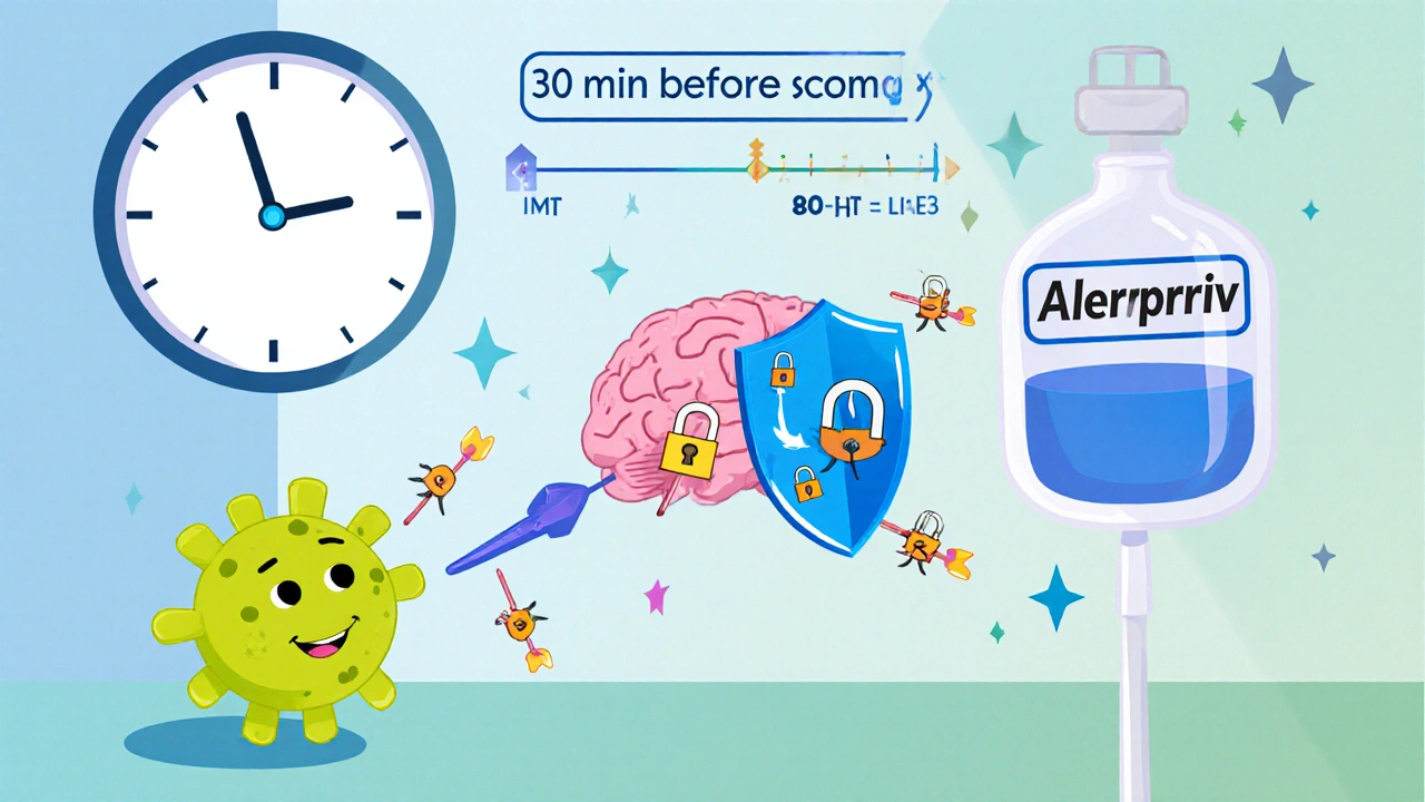 Cartoon diagram shows serotonin blocked by Alerpriv shield before chemo.