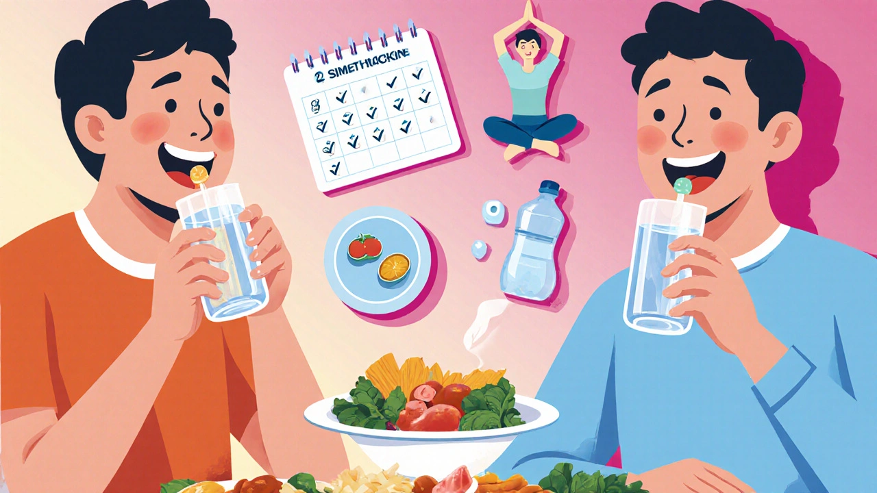 Cartoon person taking simethicone post‑meal, with calendar, small meals and yoga icons.