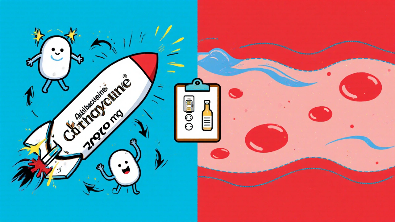 Cartoon showing doxycycline attacking acne bacteria and anti‑inflammatory soothing red skin.