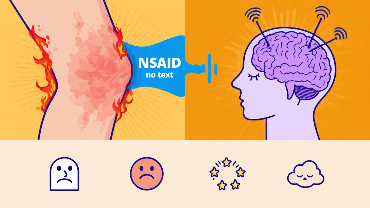 Cartoon split scene shows Algiasdin soothing inflamed knee and dulling brain pain signals with side‑effect icons.