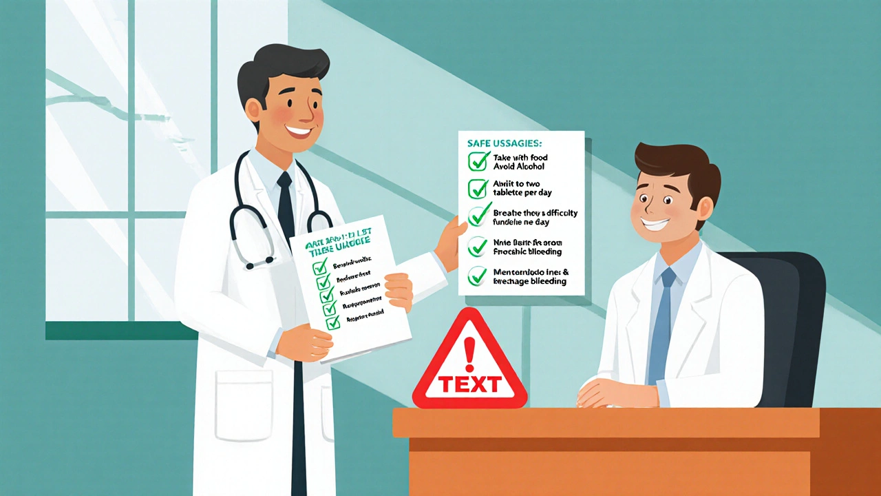 Doctor hands patient a checklist of safe Algiasdin use with red warning symbols nearby.