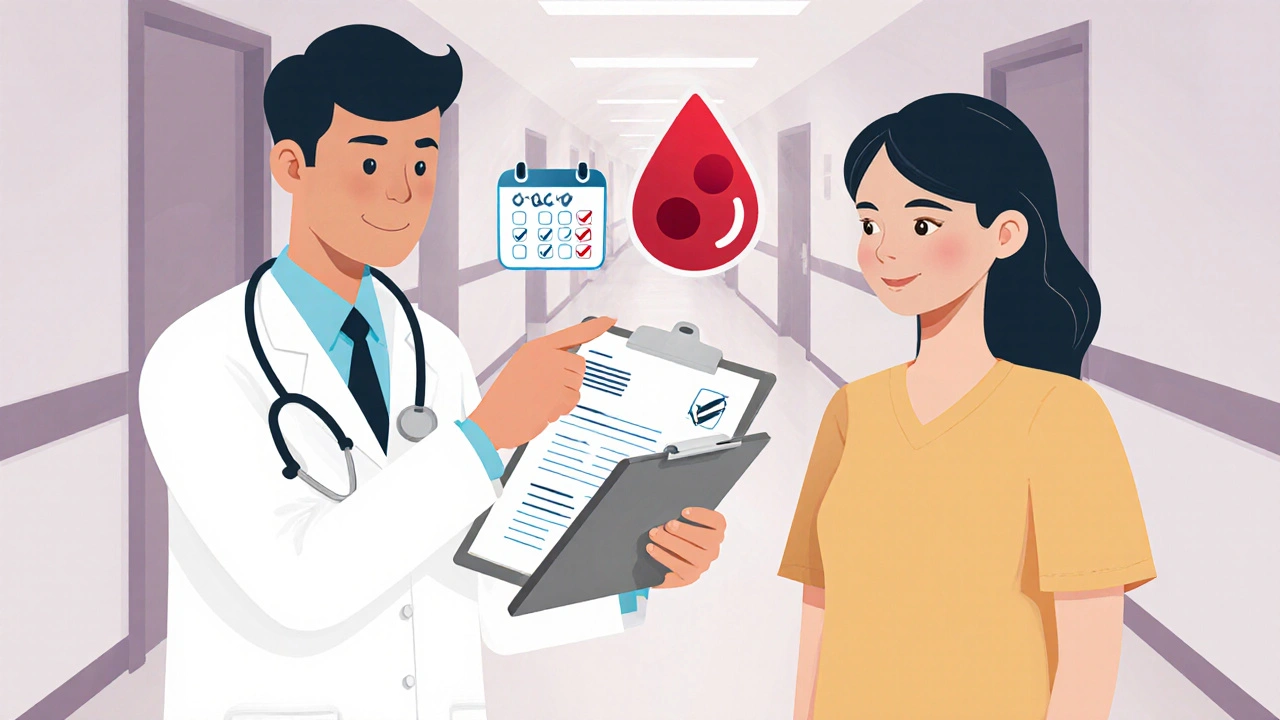 Doctor reviewing blood cell chart with patient, emphasizing lab monitoring and safety.