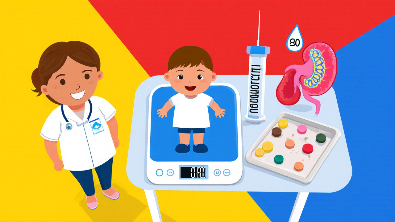 Nurse weighing a small child with tablets and IV bag, illustrating pediatric and renal dosing.