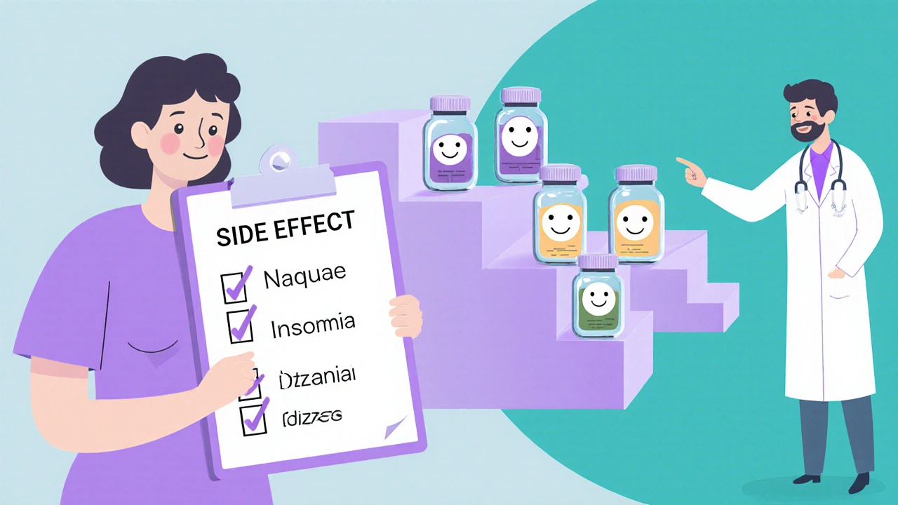 Patient checks side‑effect list and tapering steps with doctor.