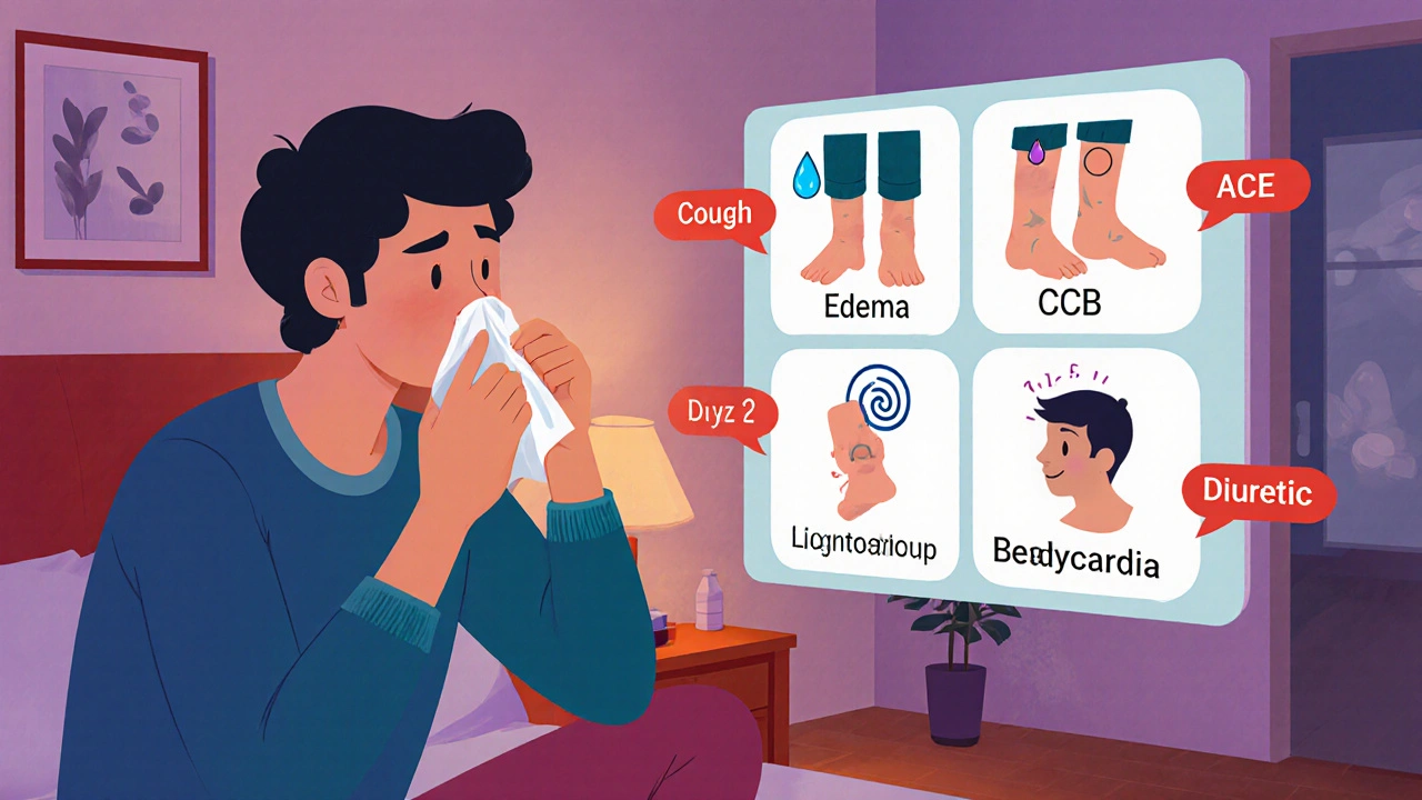 Person experiencing cough, ankle swelling, and dizziness with symptom bubbles.