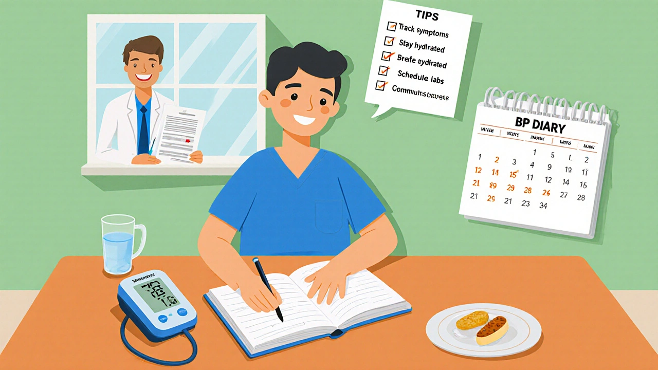 Person using a blood‑pressure diary, monitor, and checklist at home.