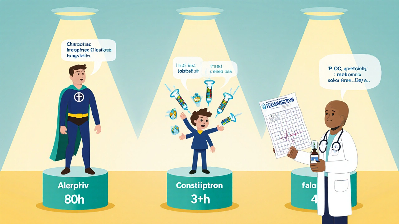 Three drug characters compare half‑life and side effects, doctor monitors patient.