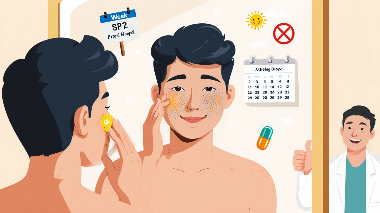 Young adult with clear skin applying sunscreen after 12 weeks of treatment, smiling.