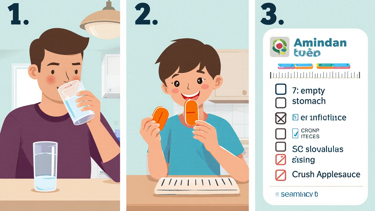 Adult drinking water with a tablet, child using half‑tablet, and a dosing checklist illustrated.