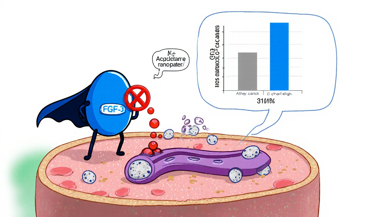 Cartoon Afeditab capsule blocks FGF‑23, reducing phosphate and showing trial eGFR bars.