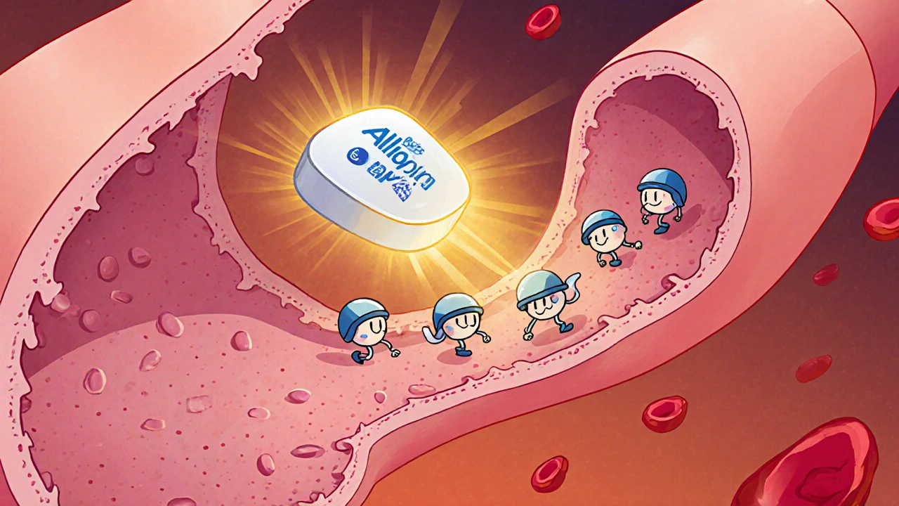 Cartoon aspirin tablet hero stops platelets from clumping inside a pink blood vessel.