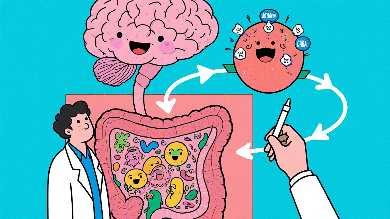 Cartoon gut‑brain axis with bacteria, brain, and researcher pointing.