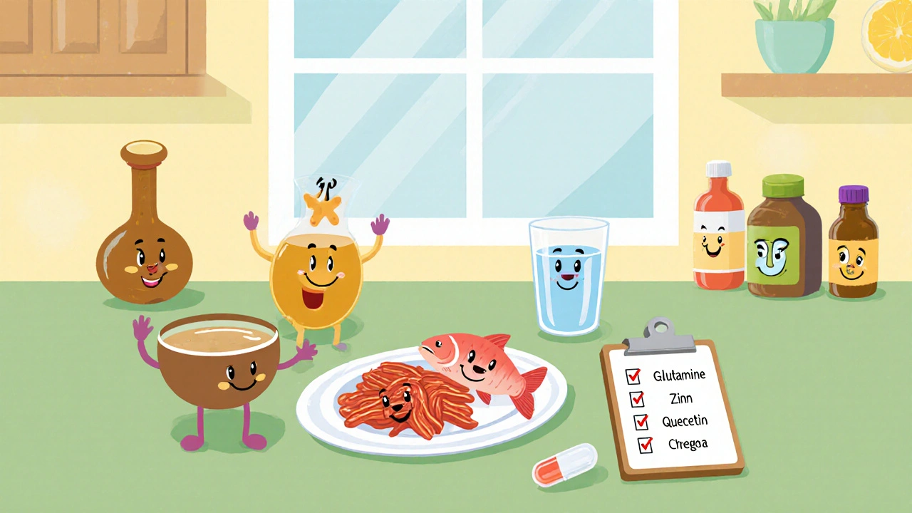 Cartoon kitchen with balanced foods, probiotics, supplements, and a loperamide checklist.