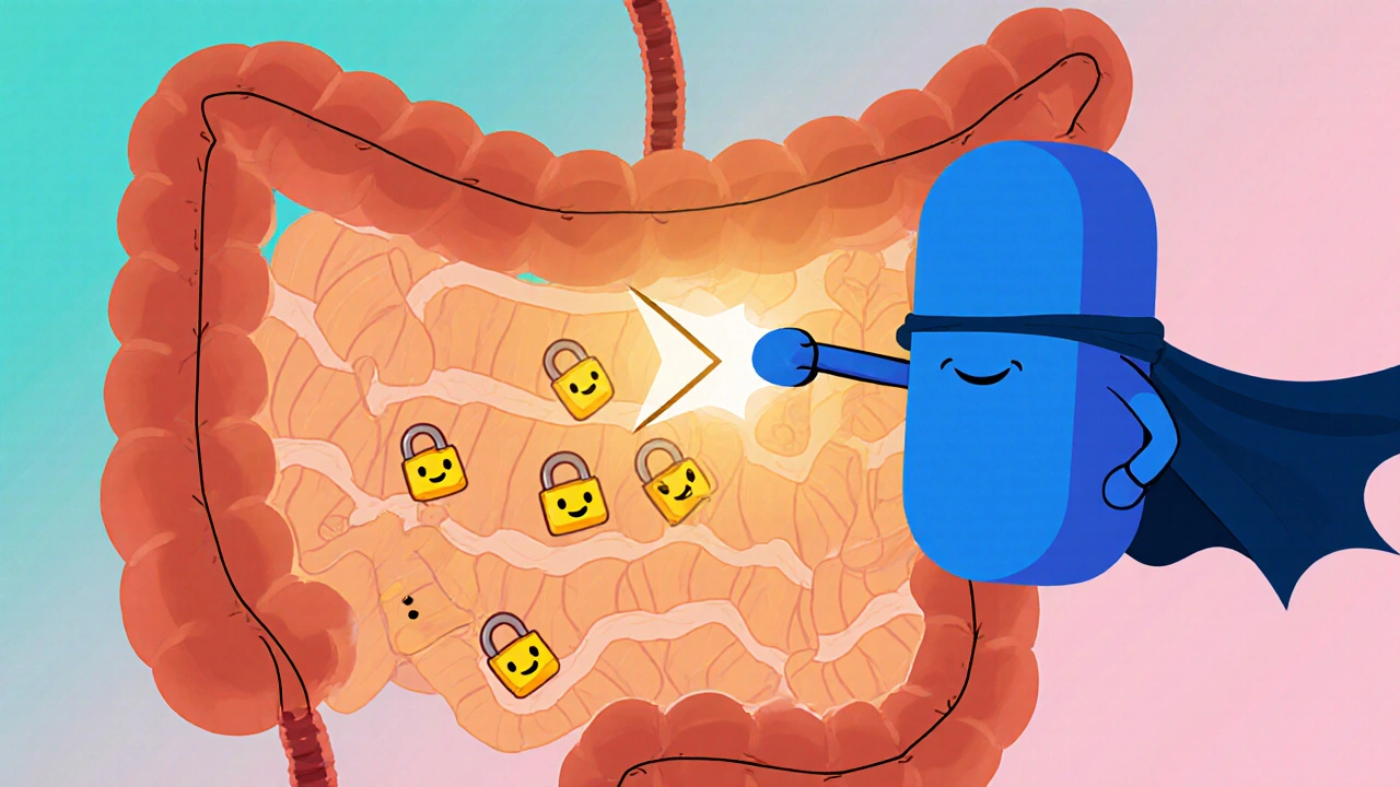 Cartoon loperamide pill superhero slowing gut movement via opioid receptors.