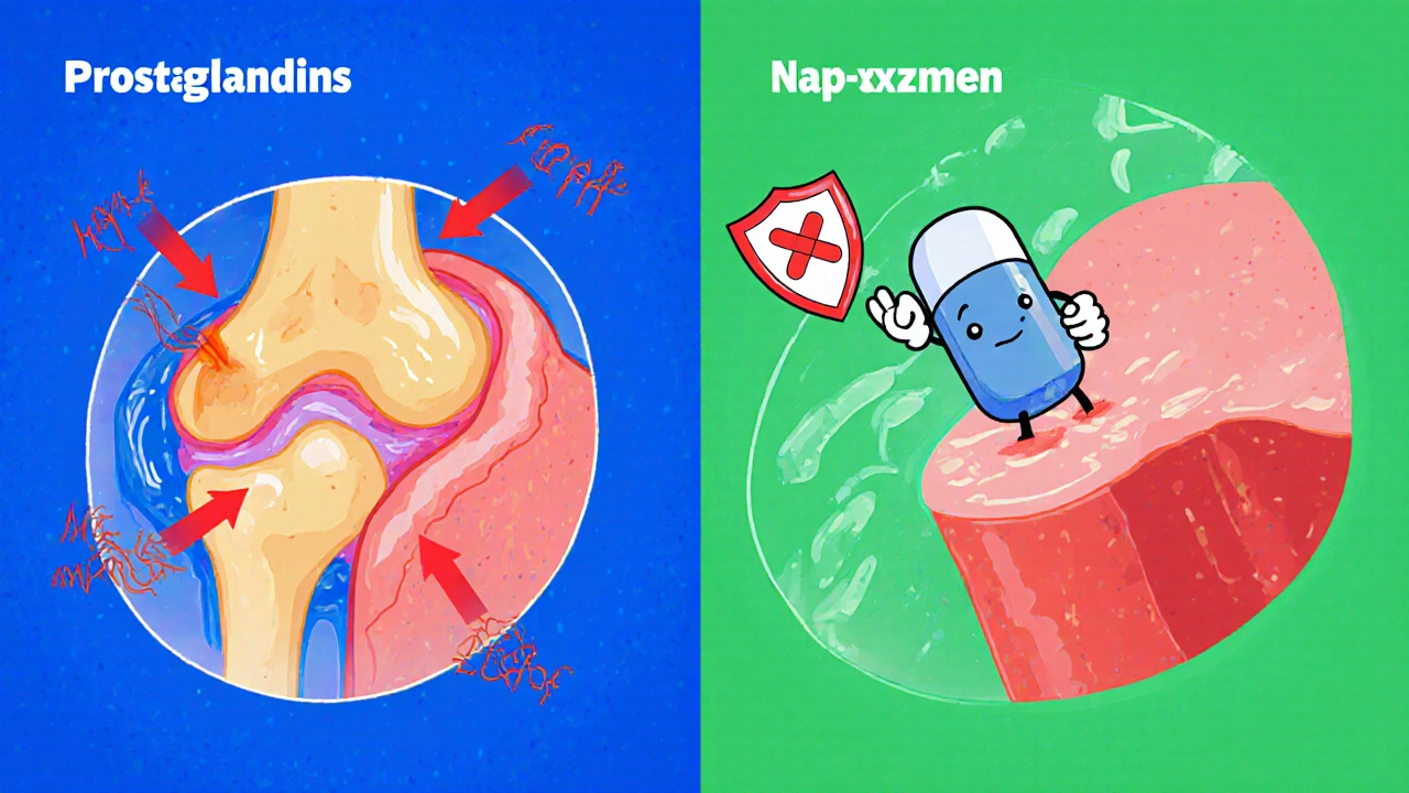 Cartoon split view of inflamed joint and naproxen blocking COX enzyme.