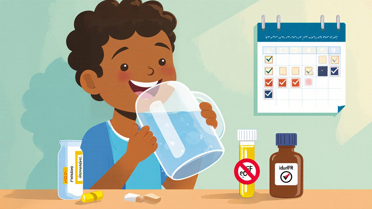 Character drinking water beside folic acid pill, crossed‑out ibuprofen, and lab test tubes.