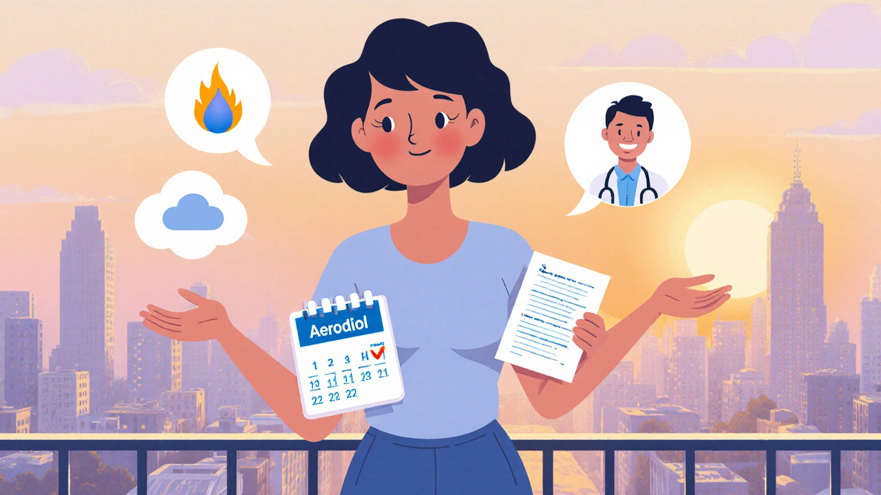 Confident woman with pill organizer and calendar, surrounded by side‑effect icons.