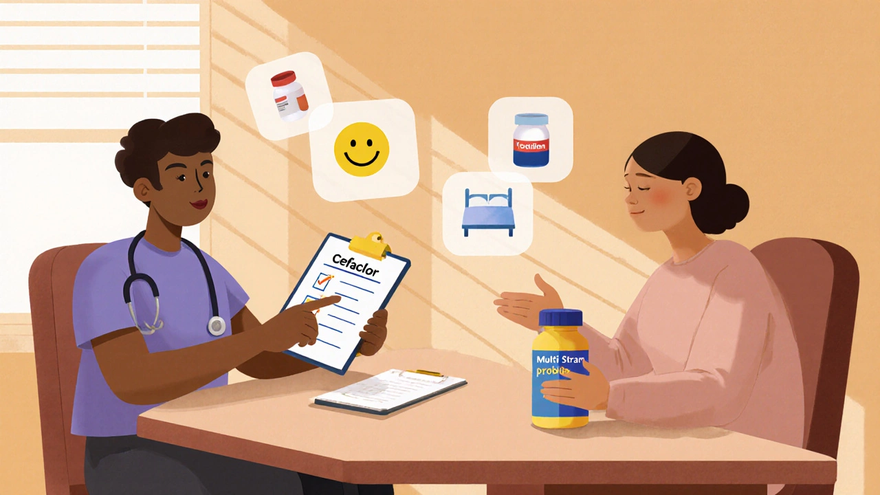 Doctor and patient discuss cefaclor and probiotic in a friendly clinic.