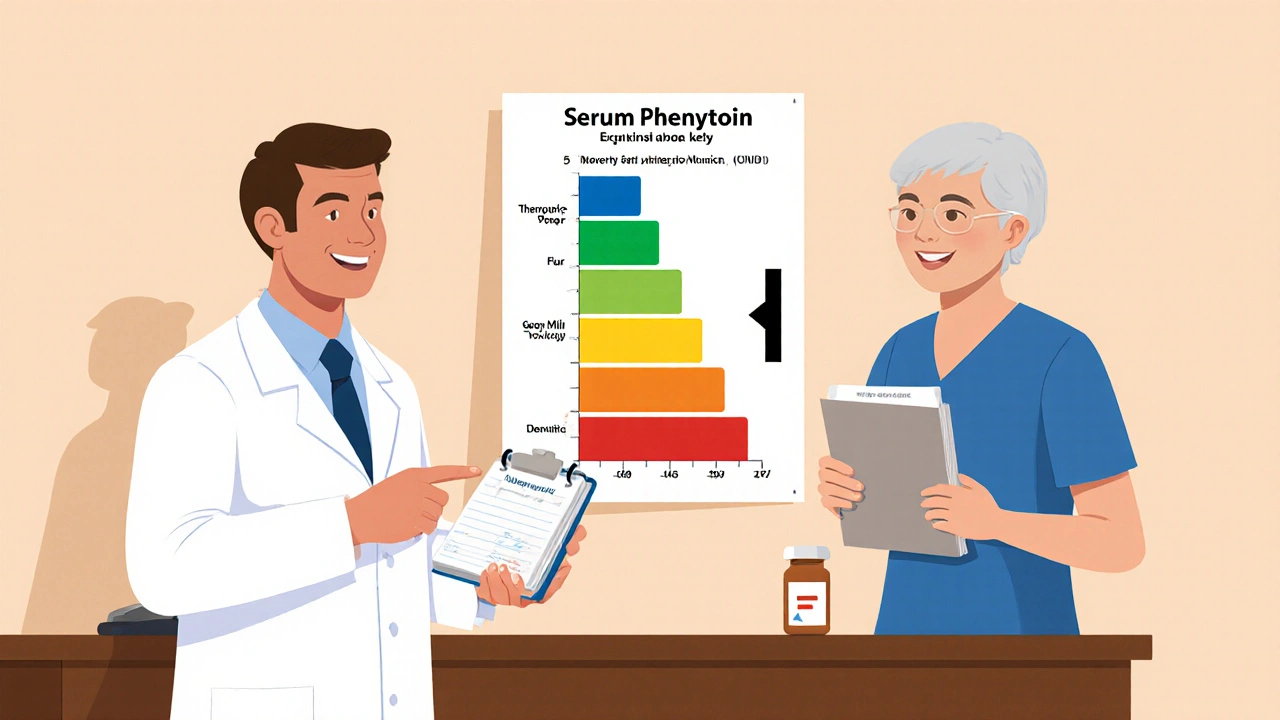 Doctor and patient reviewing phenytoin level chart, patient holds medication diary, dosage adjustment highlighted.