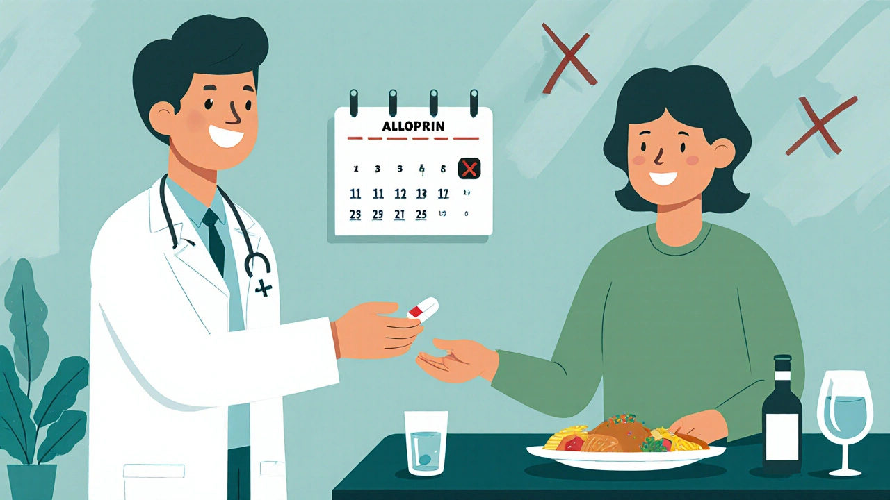 Doctor gives patient an Alloprin tablet with water, food, calendar, and warnings about alcohol and NSAIDs.
