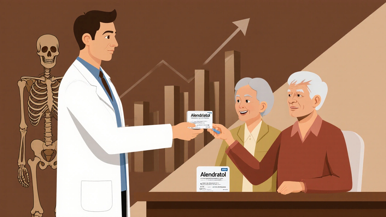 Doctor giving Alendratol tablet to seniors with happy skeleton standing tall.