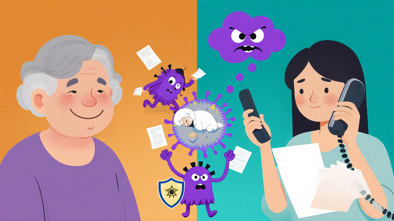 Elderly person and stressed caregiver with cartoon T‑cells battling cortisol monsters.