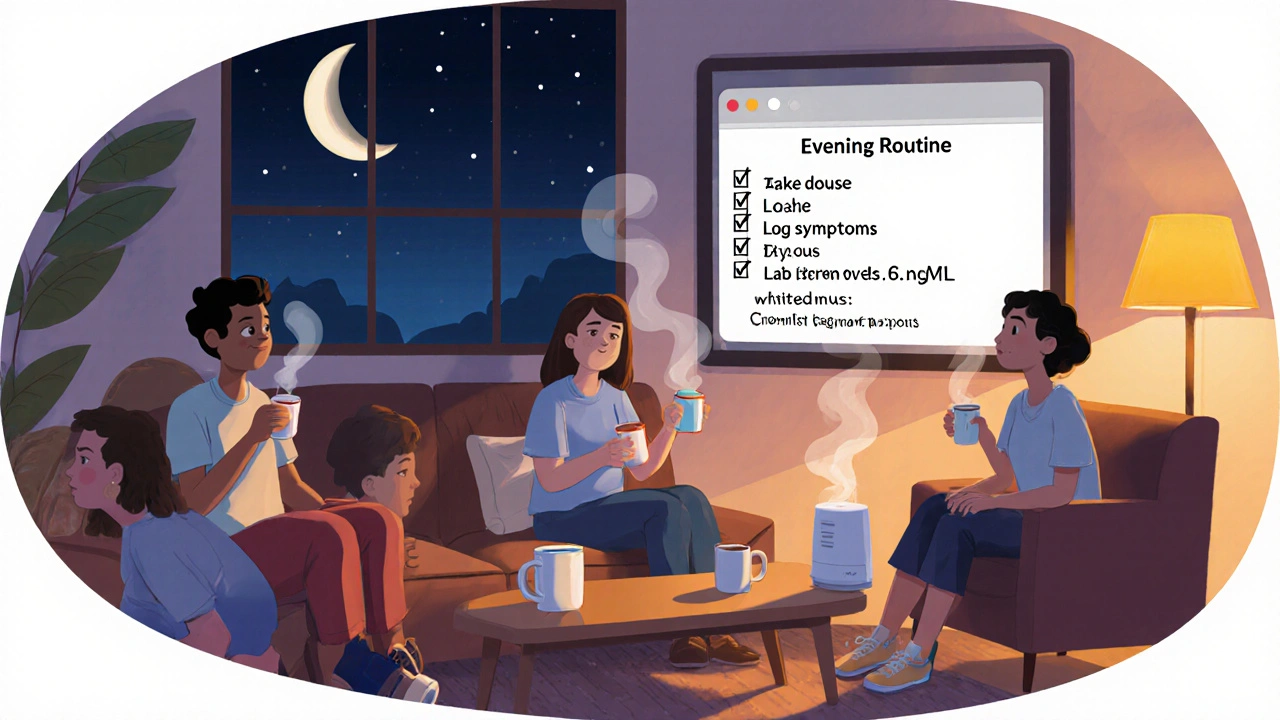 Evening clinic group sharing coffee, checking a medication checklist, and reviewing lab results.