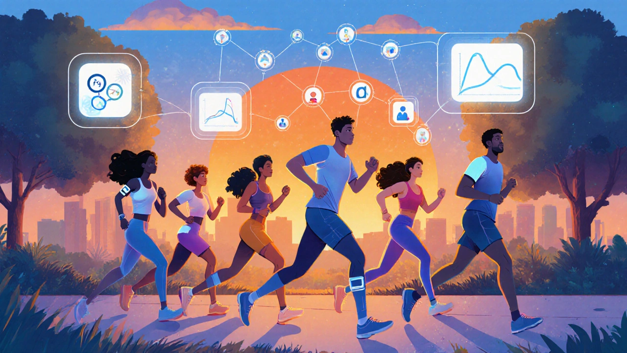 Group jogging with futuristic wearables and AI holograms at sunrise.