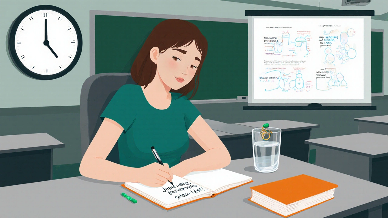 Jenna notes tremor episodes while taking her dose in a university lecture hall.