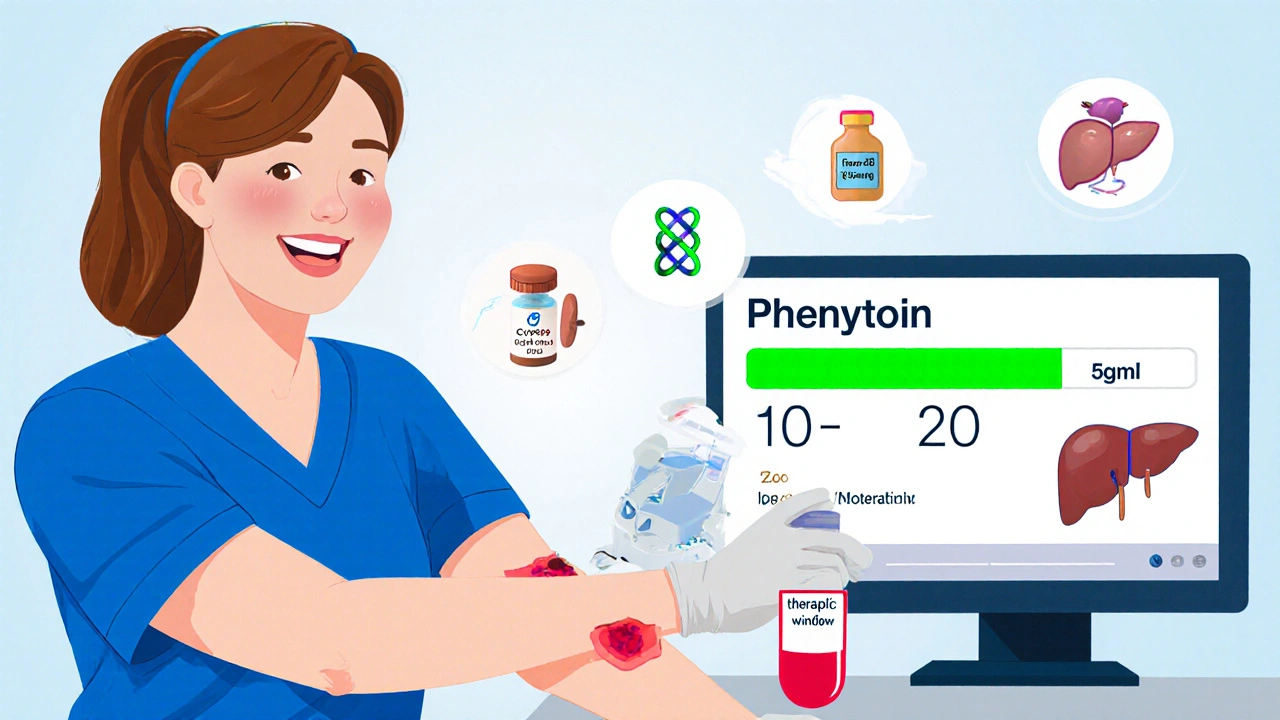 Nurse drawing blood for phenytoin test, monitor shows therapeutic range with enzyme and drug icons.