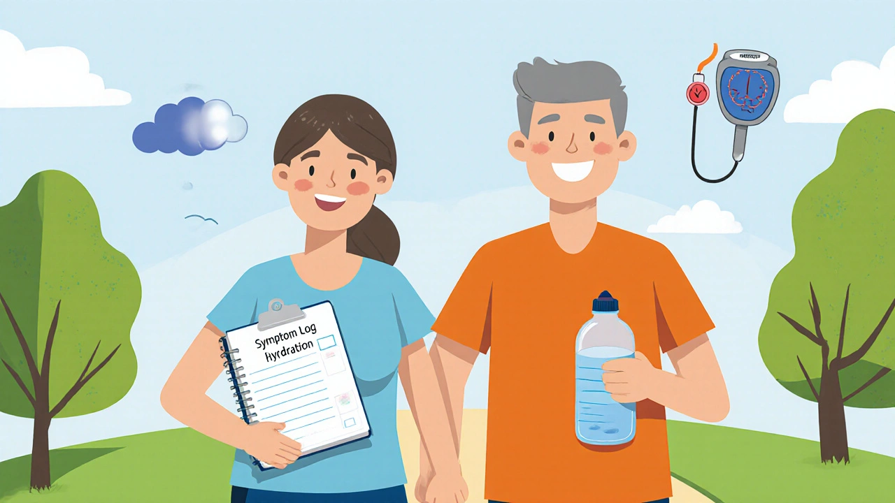 Patient and caregiver walking happily in a park with a symptom log and health icons.
