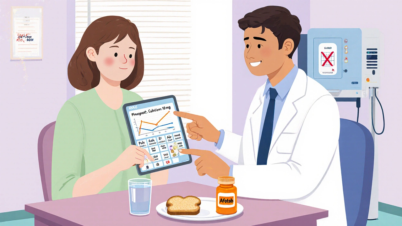 Patient and doctor discuss labs, Afeditab schedule, and delayed dialysis in a bright clinic.