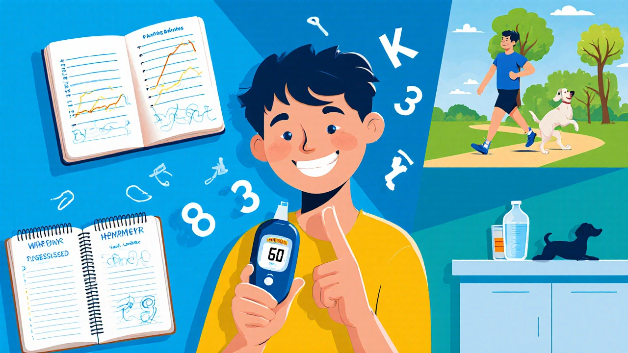 Person checking blood glucose, logging results, staying hydrated, and walking outdoors.