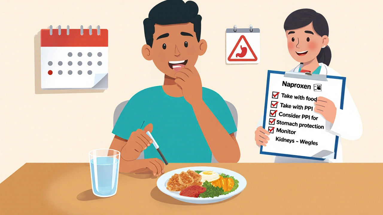 Person taking naproxen with food, doctor checklist and safety reminders.