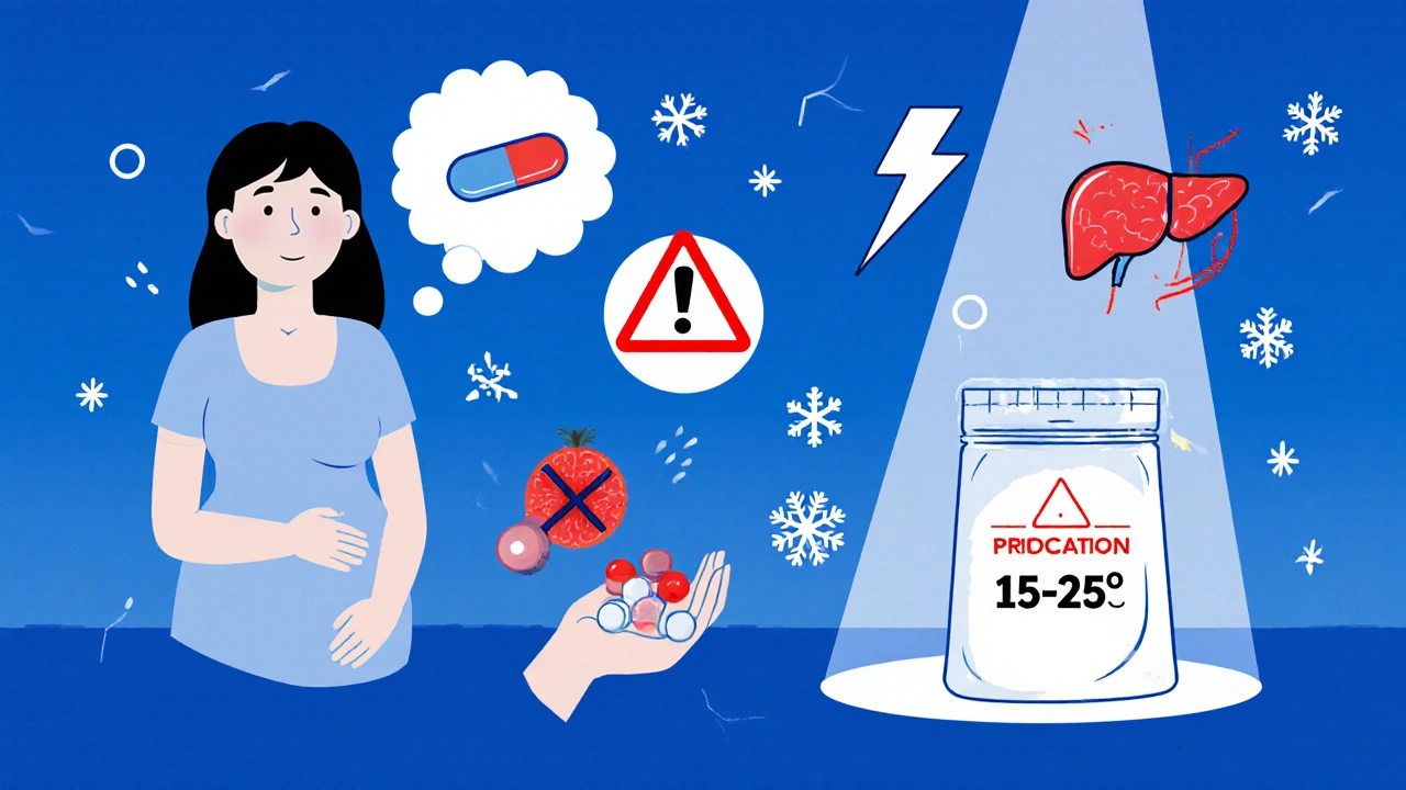Pregnant woman, liver, brain, rash, grapefruit warnings, and storage pouch in cartoon style.