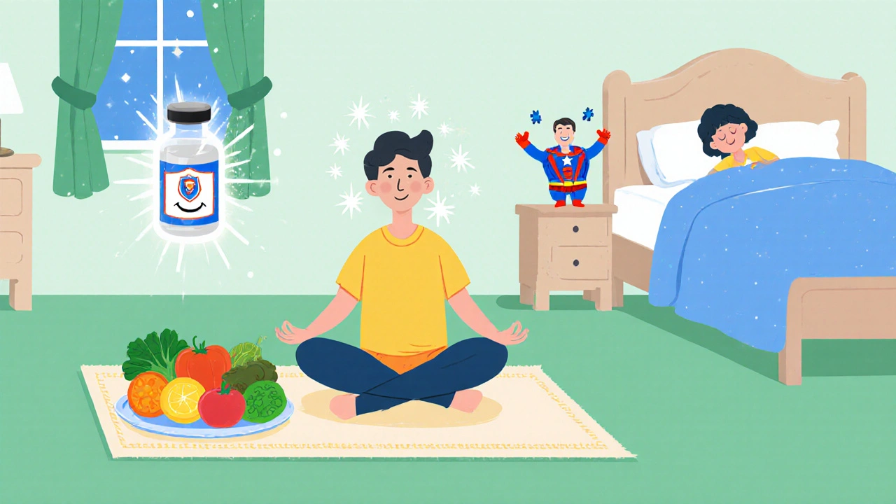 Relaxed person meditating with vaccine, healthy food, and sleep icons showing stress relief.