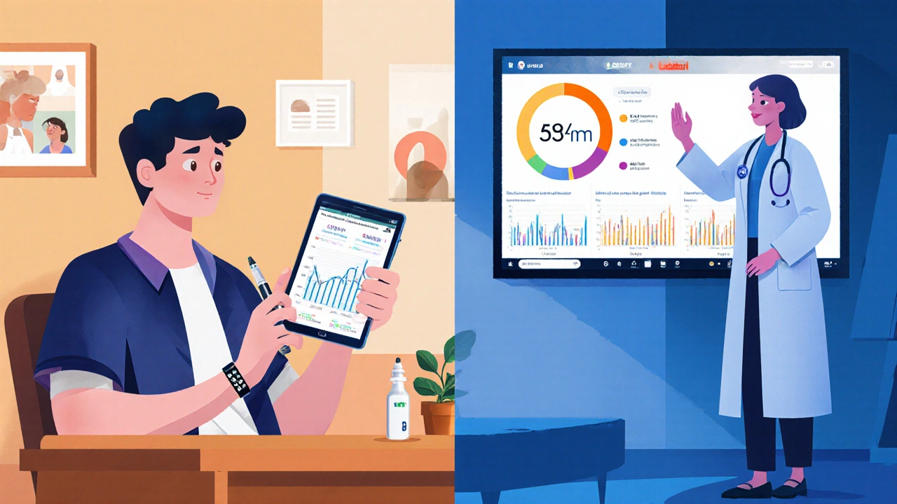 Split-screen telemedicine: patient at home with devices, doctor reviewing data.