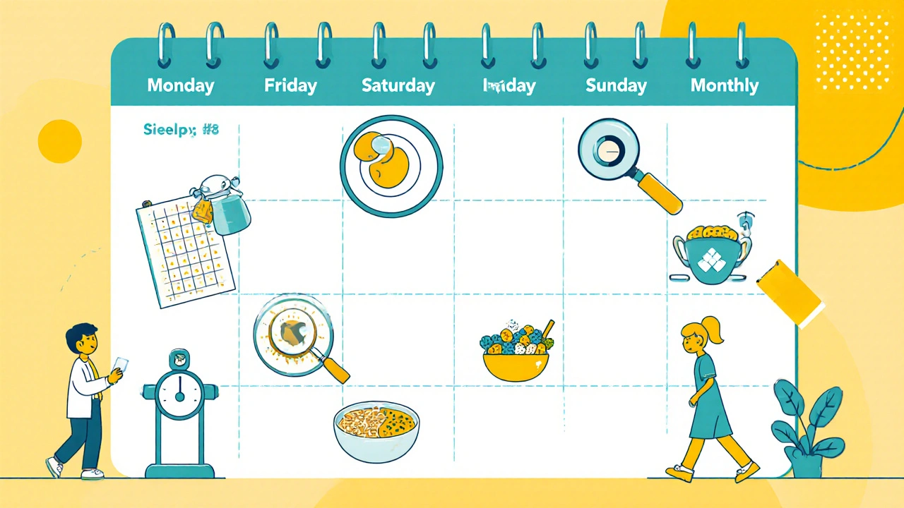 Weekly calendar showing medication, monitoring, meals, walks, and medical check‑ins.
