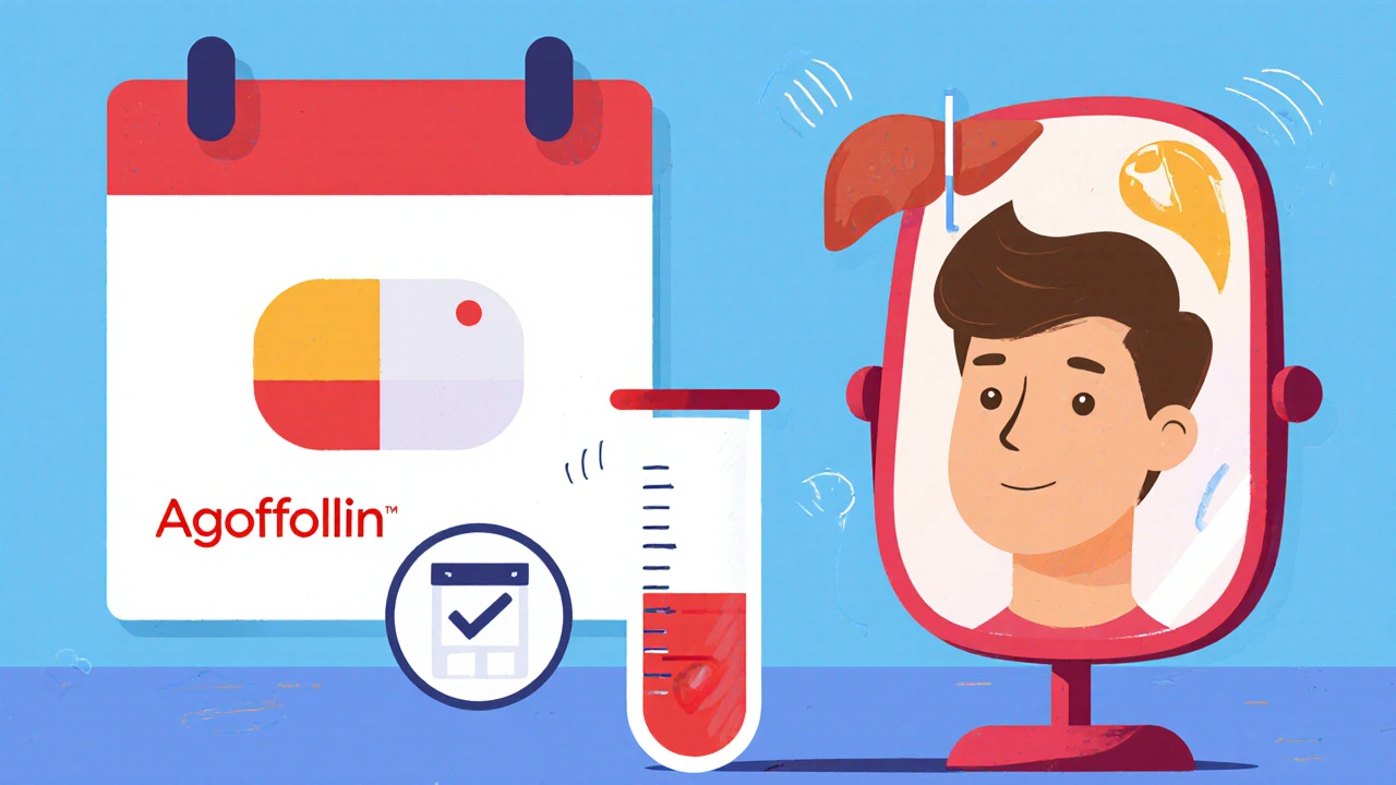 Calendar, liver icon, test tube, and mirror showing reduced hair in cartoon style.