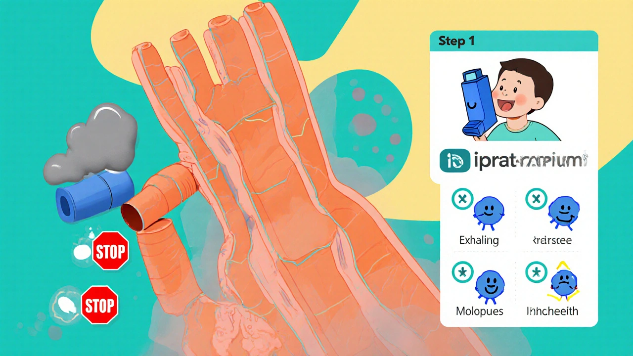 Cartoon airway cross‑section showing relaxed muscles, blocked receptors, and inhaler technique steps.