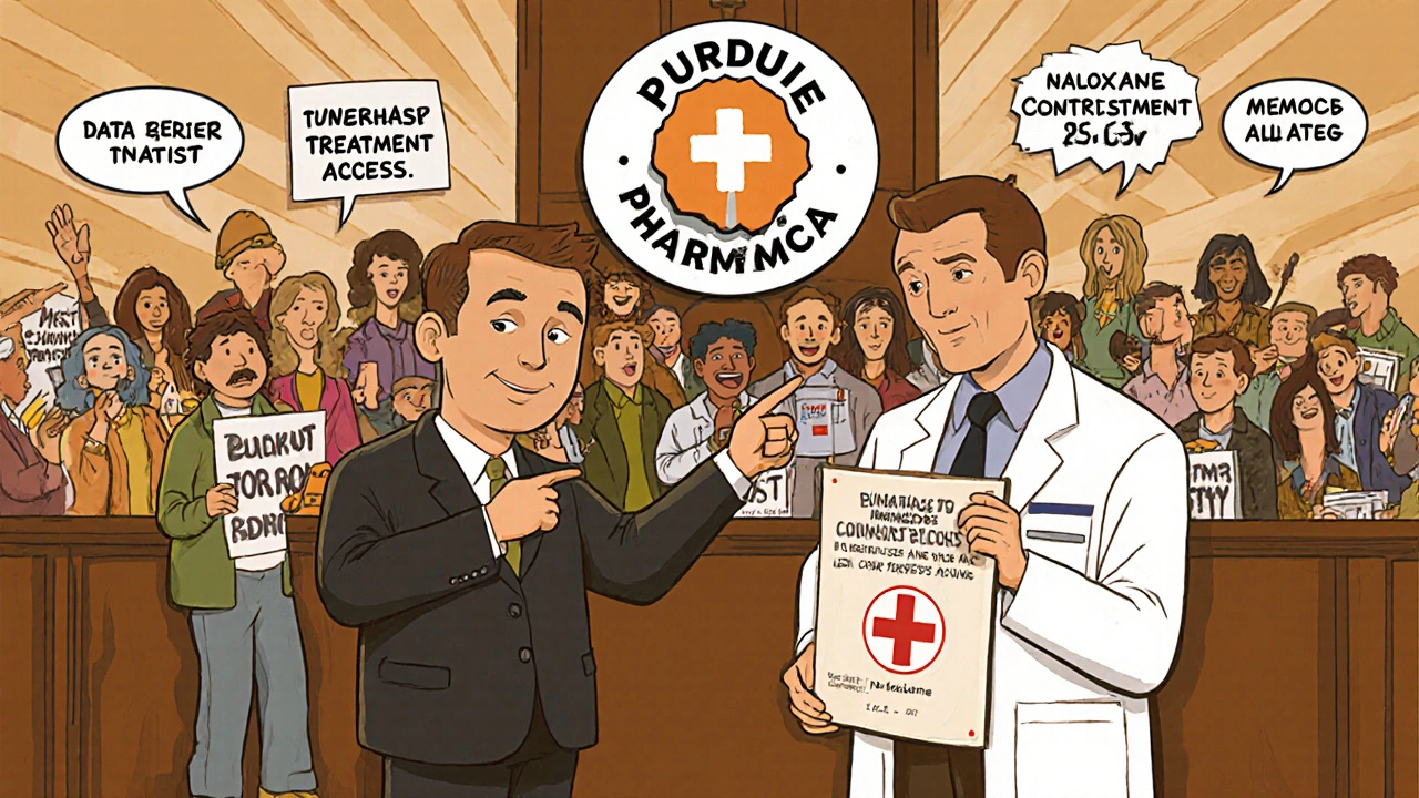Cartoon courtroom and community center showing prosecutor, doctor, and supportive townspeople.