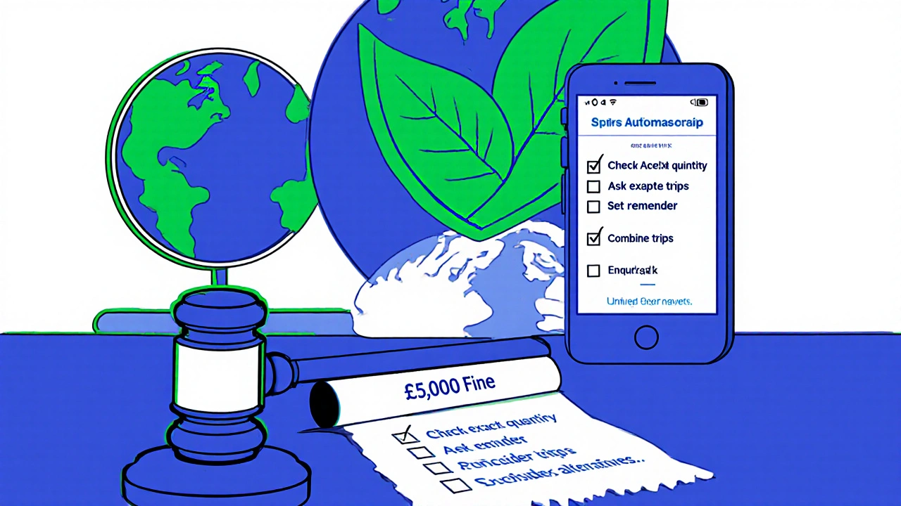 Cartoon courtroom scene with a fine notice, earth shield, phone reminder, and disposal tips checklist.