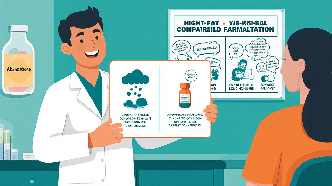 Cartoon doctor explains Abiraterone with prednisone and compares it to Enzalutamide.