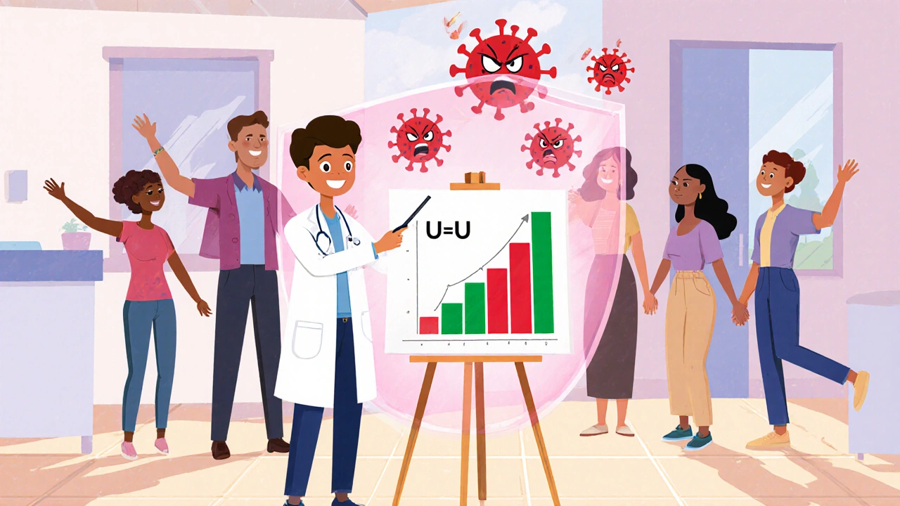 Cartoon doctor shows viral load dropping, viruses blocked by a U=U shield, community circle behind.
