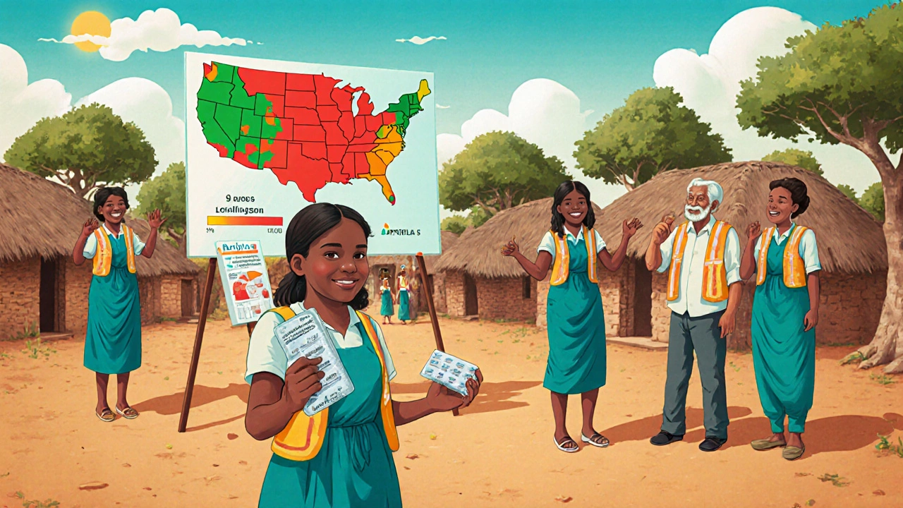 Cartoon health workers distribute Atripla pills in a village, map shows infection drop.