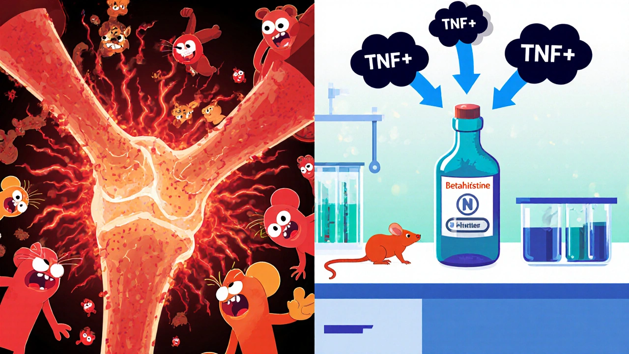 Cartoon immune cells battling tissue contrasted with betahistine reducing inflammation in a lab.