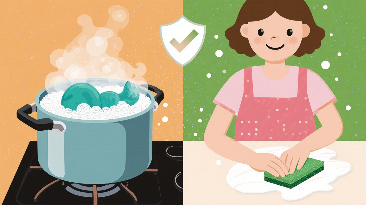 Cartoon kitchen scene showing a silicone toy boiling and a TPE toy being hand‑washed.