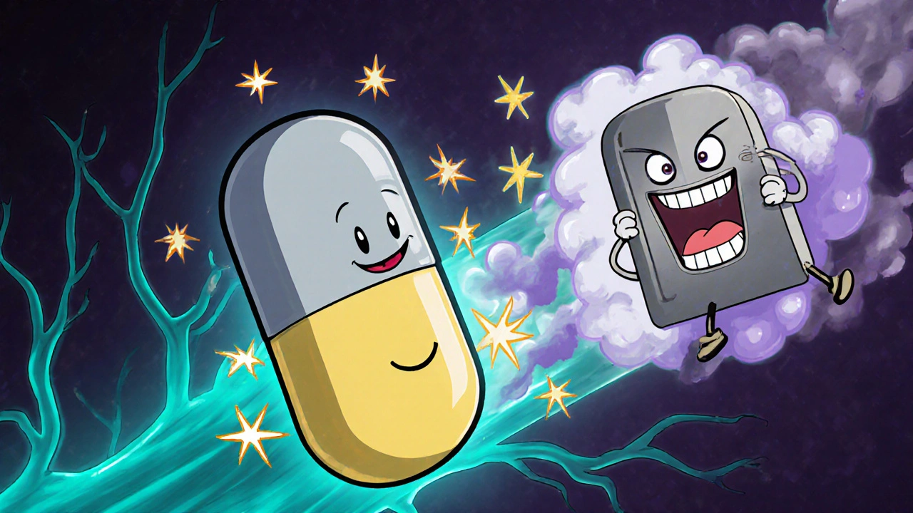 Cartoon nerve ending with Alivian blocking Nav1.7 channel while opioid activates mu receptor.